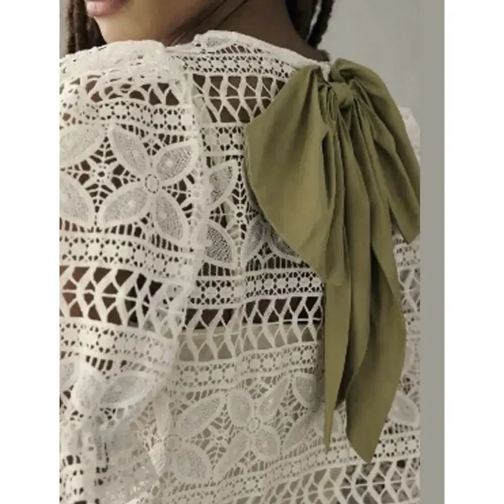Dolan Anthropologie Lace Top Women's Large Ivory Puff Sleeve Bow Back Lined